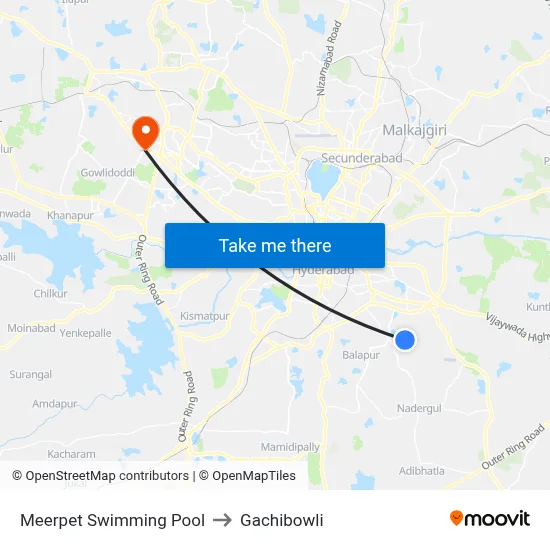 Meerpet Swimming Pool to Gachibowli map
