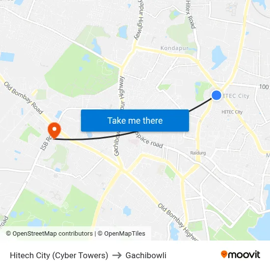 Hitech City (Cyber Towers) to Gachibowli map