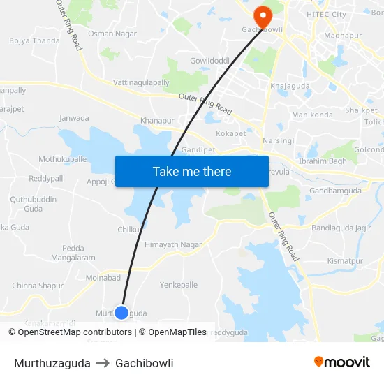 Murthuzaguda to Gachibowli map