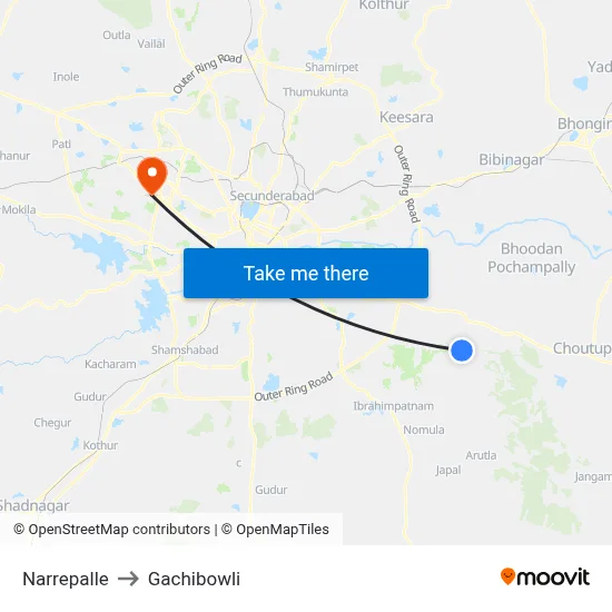 Narrepalle to Gachibowli map