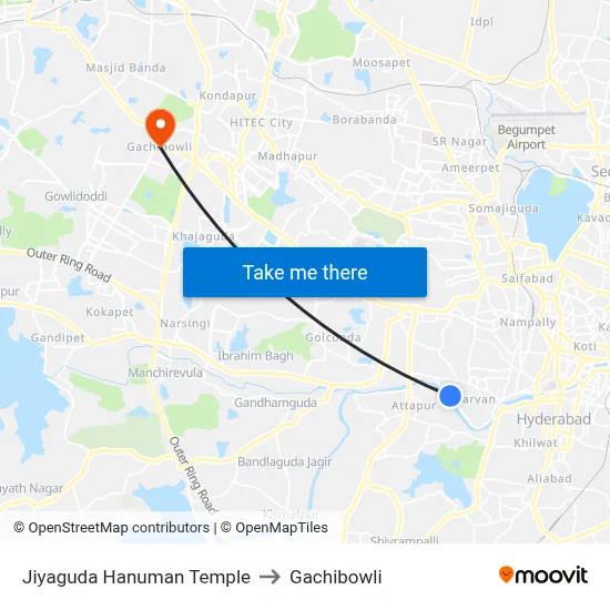 Jiyaguda Hanuman Temple to Gachibowli map