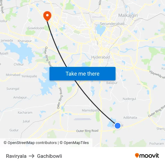 Raviryala to Gachibowli map