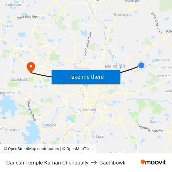 Ganesh Temple Kaman Cherlapally to Gachibowli map