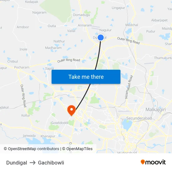Dundigal to Gachibowli map