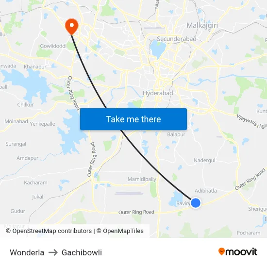 Wonderla to Gachibowli map