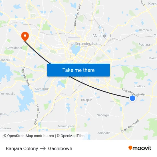 Banjara Colony to Gachibowli map