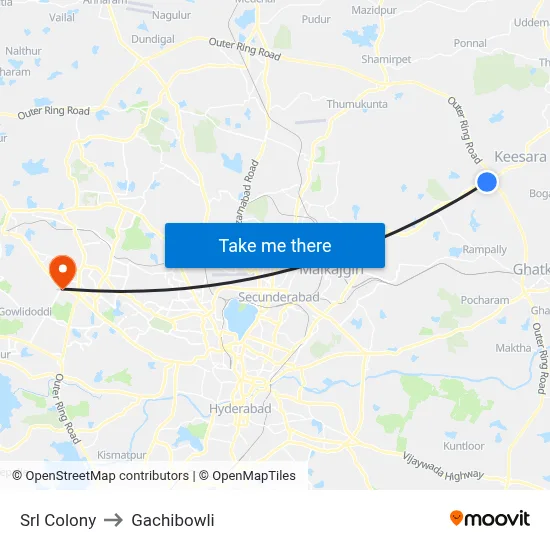 Srl Colony to Gachibowli map