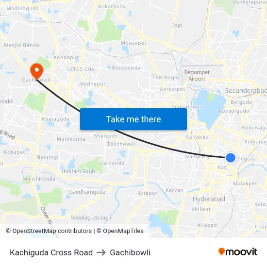 Kachiguda Cross Road to Gachibowli map