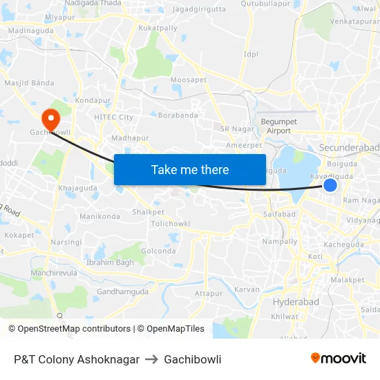 P&T Colony Ashoknagar to Gachibowli map