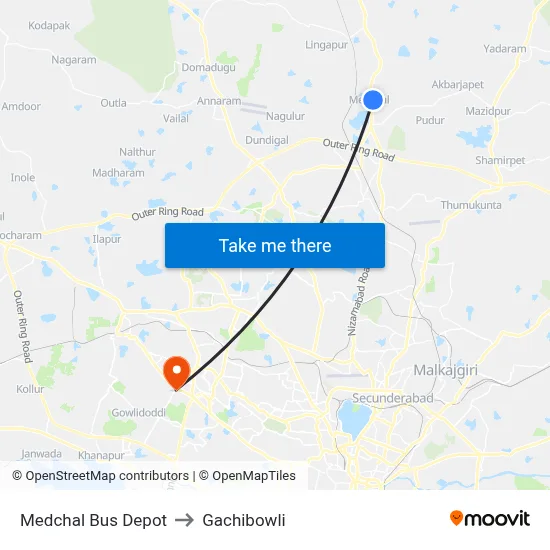Medchal Bus Depot to Gachibowli map