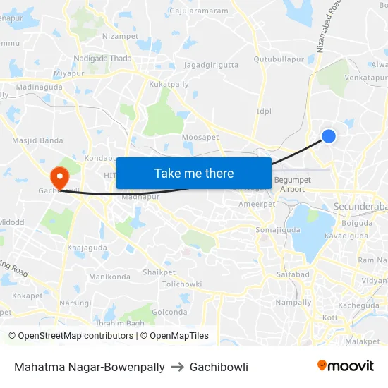 Mahatma Nagar-Bowenpally to Gachibowli map