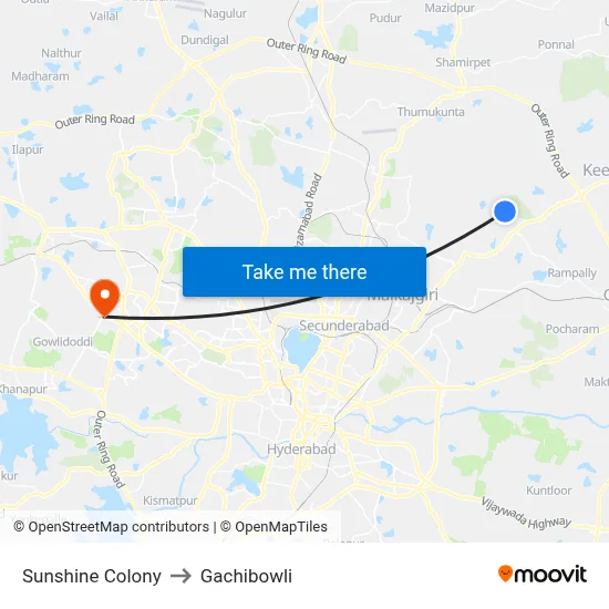 Sunshine Colony to Gachibowli map
