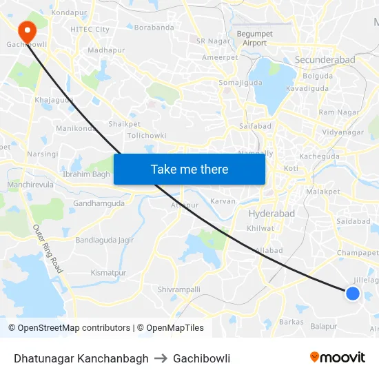 Dhatunagar Kanchanbagh to Gachibowli map