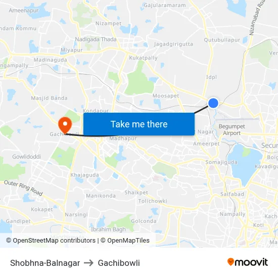Shobhna-Balnagar to Gachibowli map