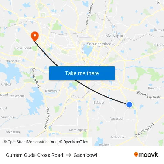Gurram Guda Cross Road to Gachibowli map