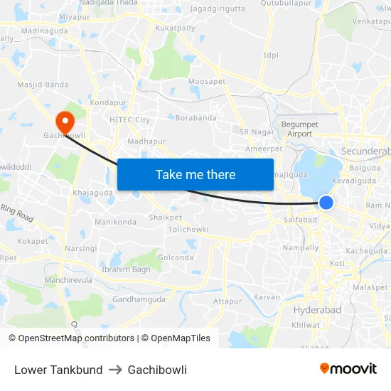 Lower Tankbund to Gachibowli map