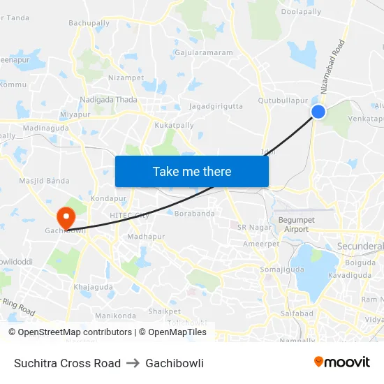 Suchitra X Road to Gachibowli map