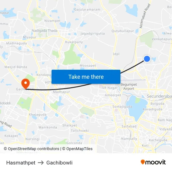 Hasmathpet to Gachibowli map