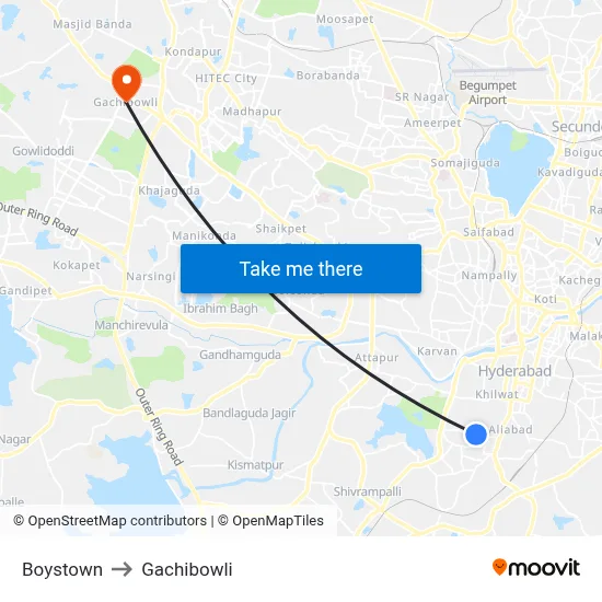 Boystown to Gachibowli map
