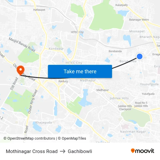 Mothinagar Cross Road to Gachibowli map
