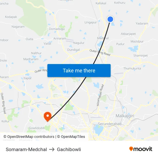 Somaram-Medchal to Gachibowli map