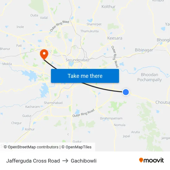 Jafferguda Cross Road to Gachibowli map