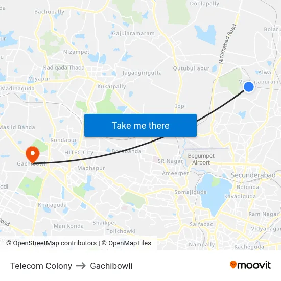 Telecom Colony to Gachibowli map