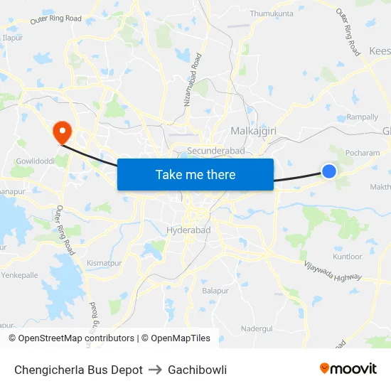 Chengicherla Bus Depot to Gachibowli map