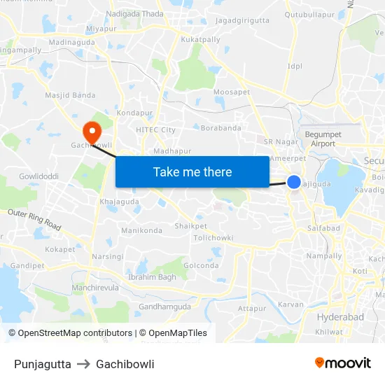 Punjagutta to Gachibowli map