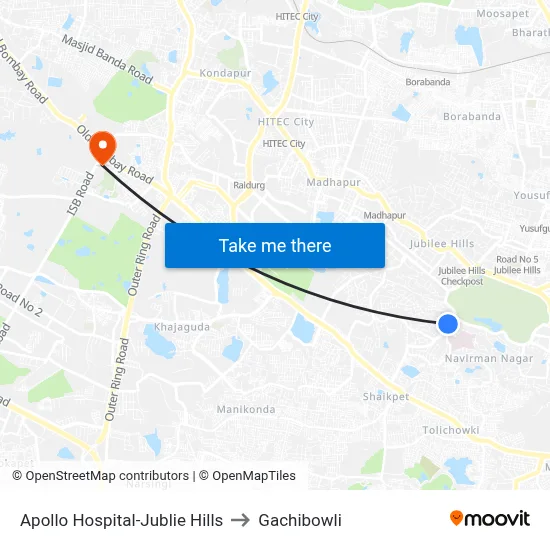 Apollo Hospital-Jublie Hills to Gachibowli map