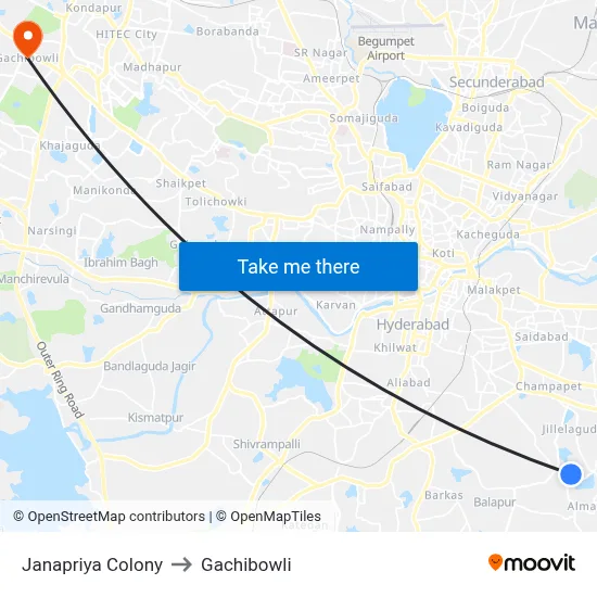 Janapriya Colony to Gachibowli map