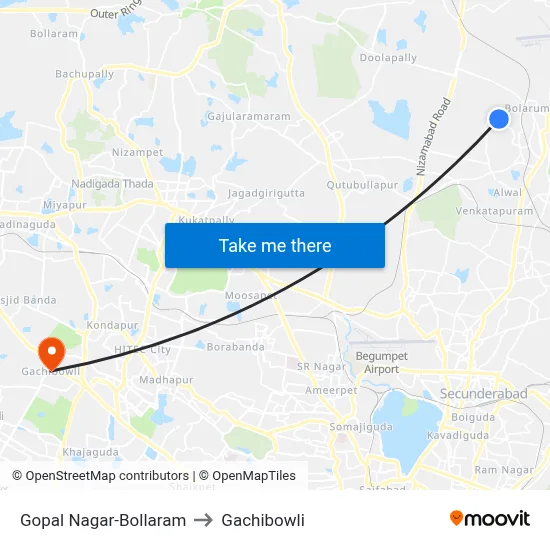 Gopal Nagar-Bollaram to Gachibowli map