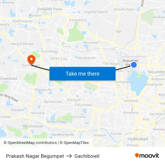 Prakash Nagar Begumpet to Gachibowli map
