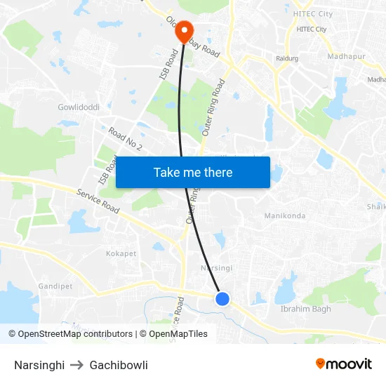 Narsinghi to Gachibowli map