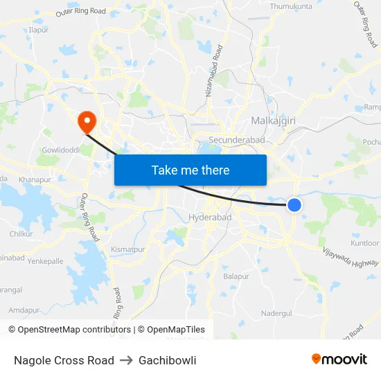 Nagole Cross Road to Gachibowli map
