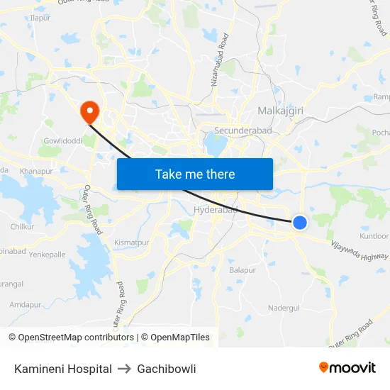 Kamineni Hospital to Gachibowli map