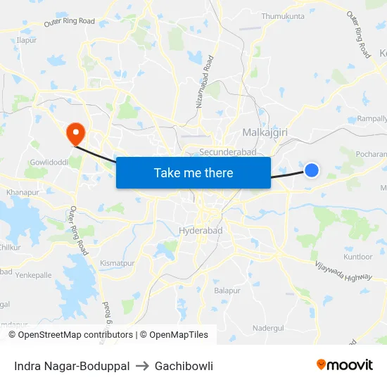 Indra Nagar-Boduppal to Gachibowli map