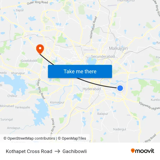 Kothapet Cross Road to Gachibowli map