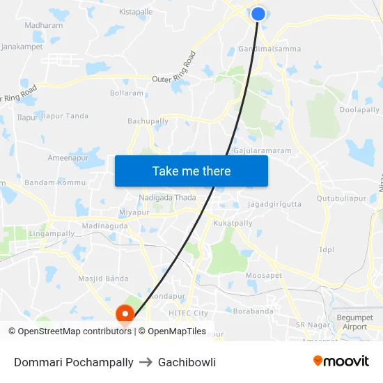 Dommari Pochampally to Gachibowli map