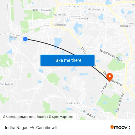 Indira Nagar to Gachibowli map