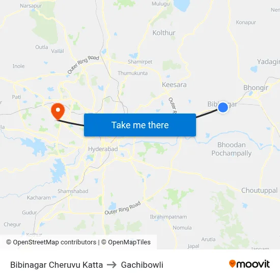 Bibinagar Cheruvu Katta to Gachibowli map