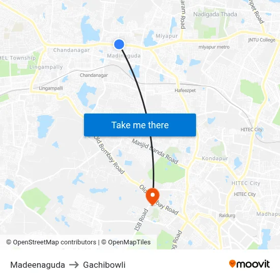 Madeenaguda to Gachibowli map