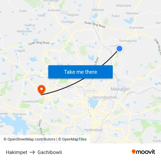 Hakimpet to Gachibowli map