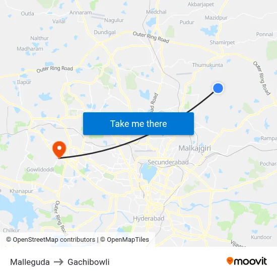 Malleguda to Gachibowli map