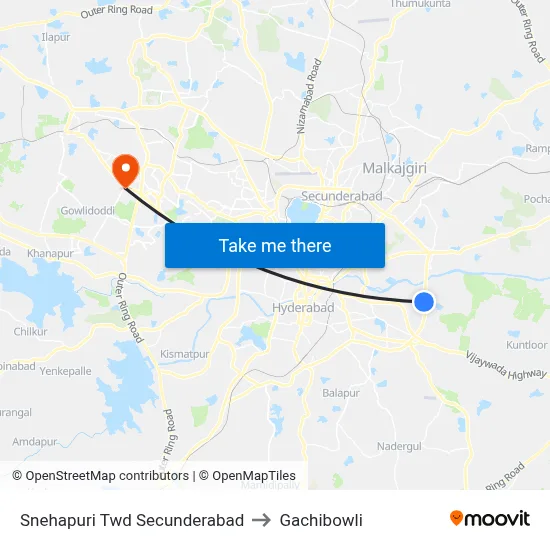 Snehapuri Twd Secunderabad to Gachibowli map