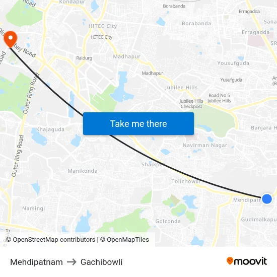Mehdipatnam to Gachibowli map