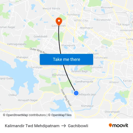 Kalimandir Twd Mehdipatnam to Gachibowli map