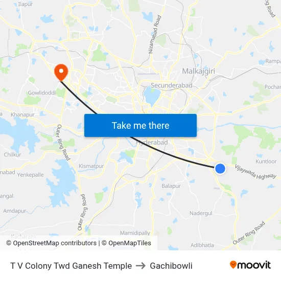 T V Colony Twd Ganesh Temple to Gachibowli map