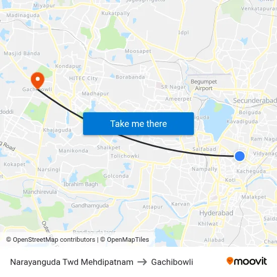 Narayanguda Twd Mehdipatnam to Gachibowli map