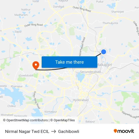 Nirmal Nagar Twd ECIL to Gachibowli map